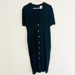 Vintage 80s Jeffrey & Dara Floral Lace Embroidered Pearl Button Midi Dress 10P